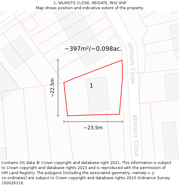 1, WILMOTS CLOSE, REIGATE, RH2 0NP: Plot and title map