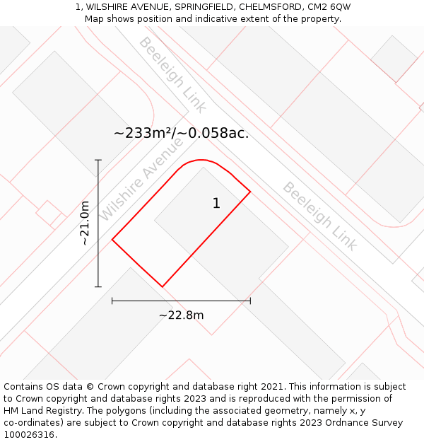 1, WILSHIRE AVENUE, SPRINGFIELD, CHELMSFORD, CM2 6QW: Plot and title map