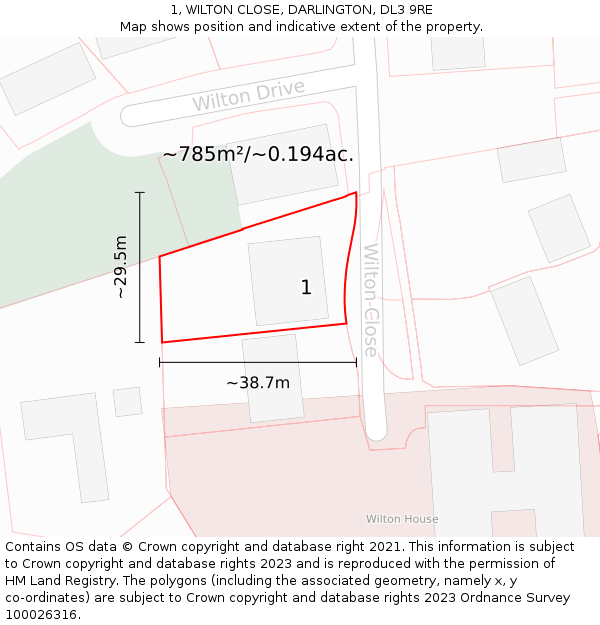 1, WILTON CLOSE, DARLINGTON, DL3 9RE: Plot and title map
