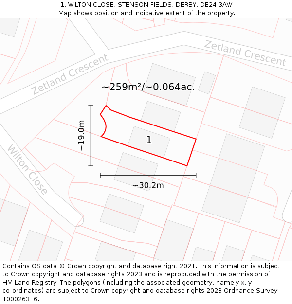 1, WILTON CLOSE, STENSON FIELDS, DERBY, DE24 3AW: Plot and title map