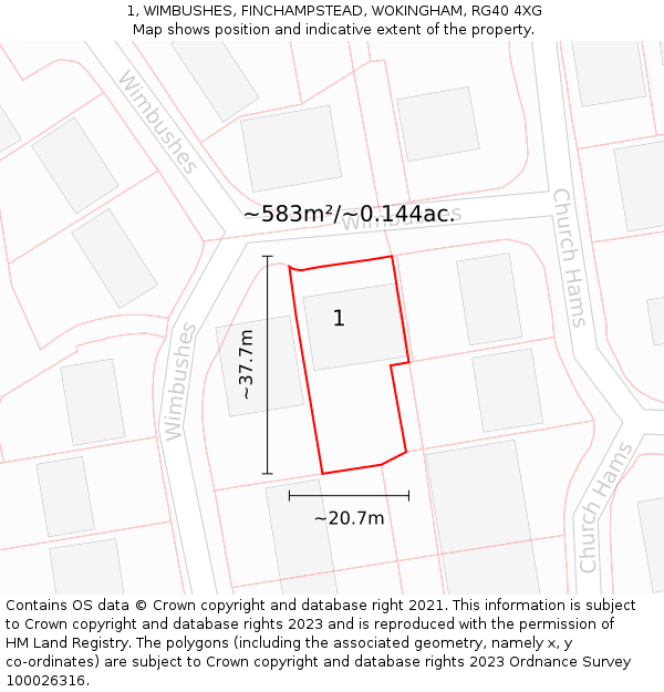 1, WIMBUSHES, FINCHAMPSTEAD, WOKINGHAM, RG40 4XG: Plot and title map