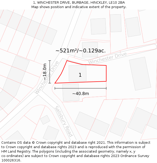 1, WINCHESTER DRIVE, BURBAGE, HINCKLEY, LE10 2BA: Plot and title map