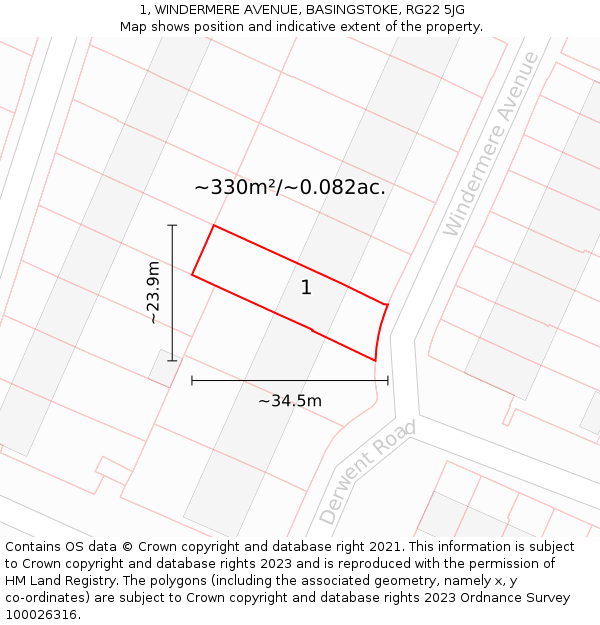 1, WINDERMERE AVENUE, BASINGSTOKE, RG22 5JG: Plot and title map