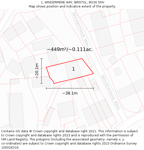 1, WINDERMERE WAY, BRISTOL, BS30 5XN: Plot and title map