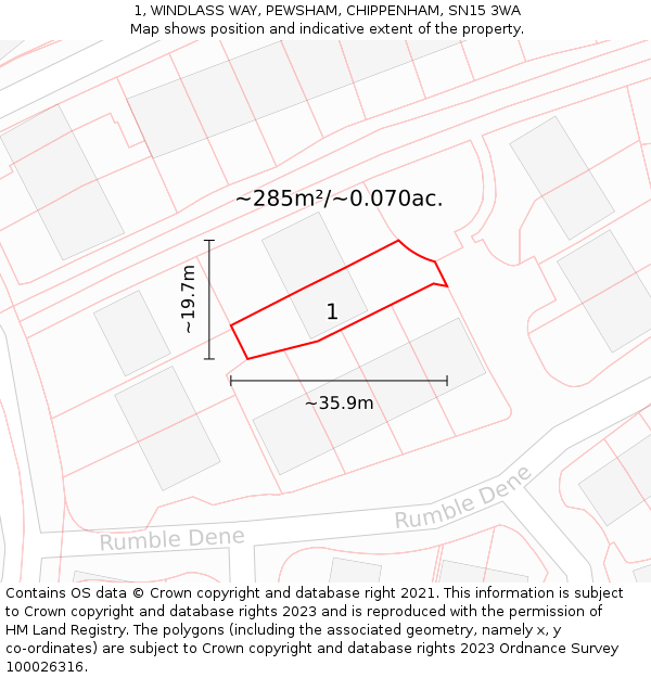 1, WINDLASS WAY, PEWSHAM, CHIPPENHAM, SN15 3WA: Plot and title map