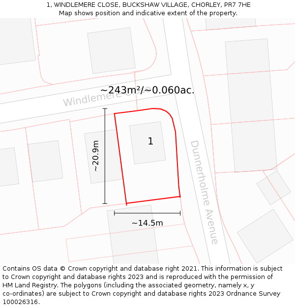 1, WINDLEMERE CLOSE, BUCKSHAW VILLAGE, CHORLEY, PR7 7HE: Plot and title map