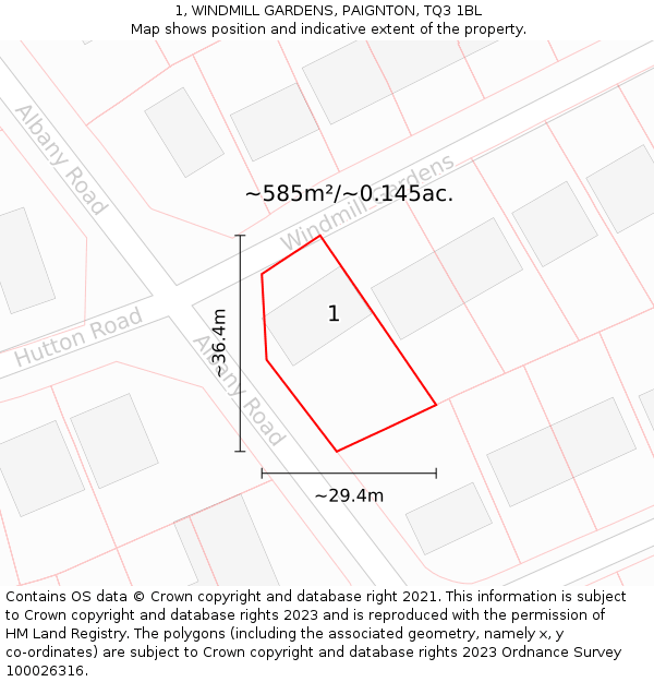 1, WINDMILL GARDENS, PAIGNTON, TQ3 1BL: Plot and title map