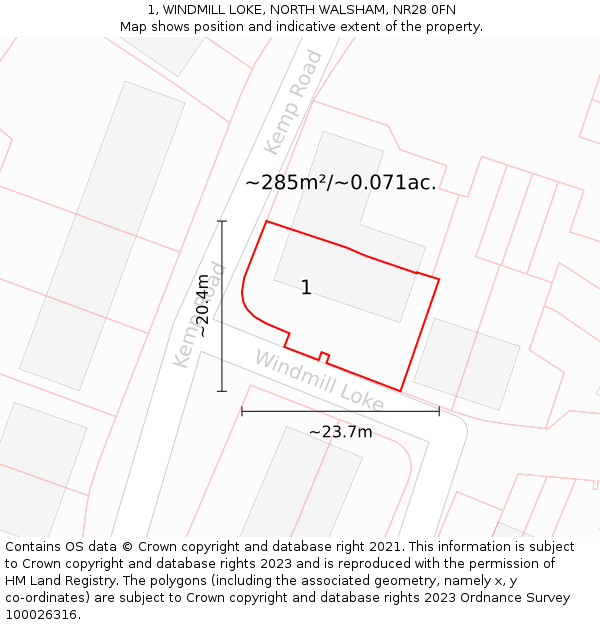 1, WINDMILL LOKE, NORTH WALSHAM, NR28 0FN: Plot and title map