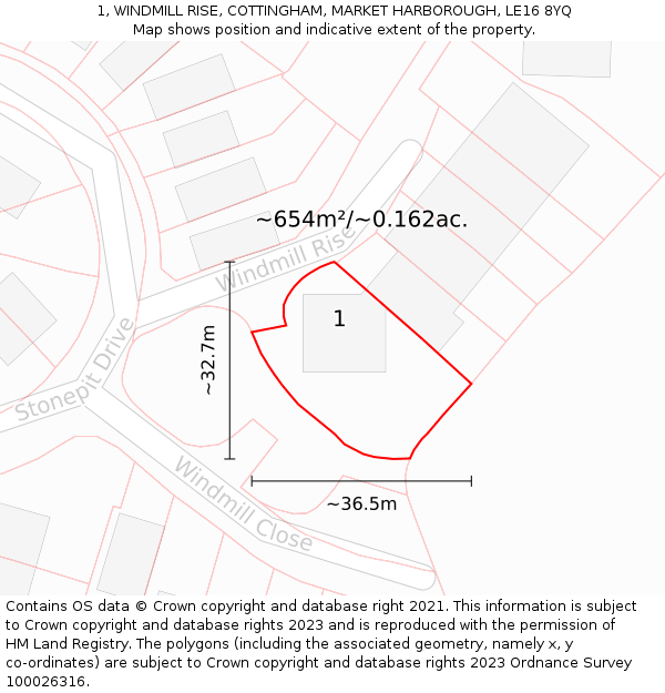 1, WINDMILL RISE, COTTINGHAM, MARKET HARBOROUGH, LE16 8YQ: Plot and title map