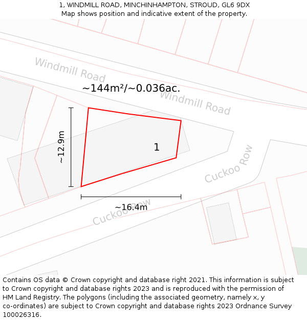1, WINDMILL ROAD, MINCHINHAMPTON, STROUD, GL6 9DX: Plot and title map