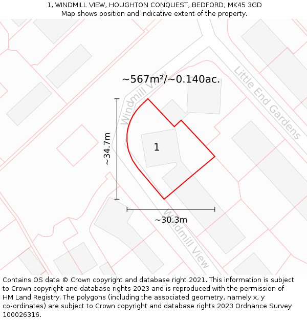 1, WINDMILL VIEW, HOUGHTON CONQUEST, BEDFORD, MK45 3GD: Plot and title map