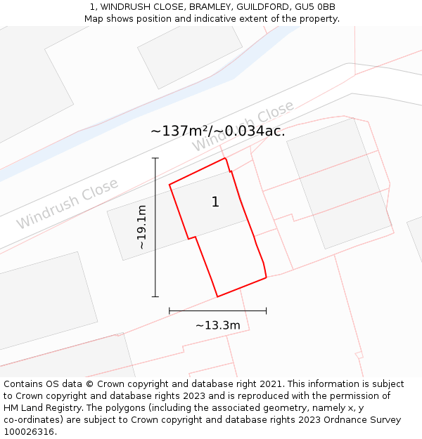 1, WINDRUSH CLOSE, BRAMLEY, GUILDFORD, GU5 0BB: Plot and title map