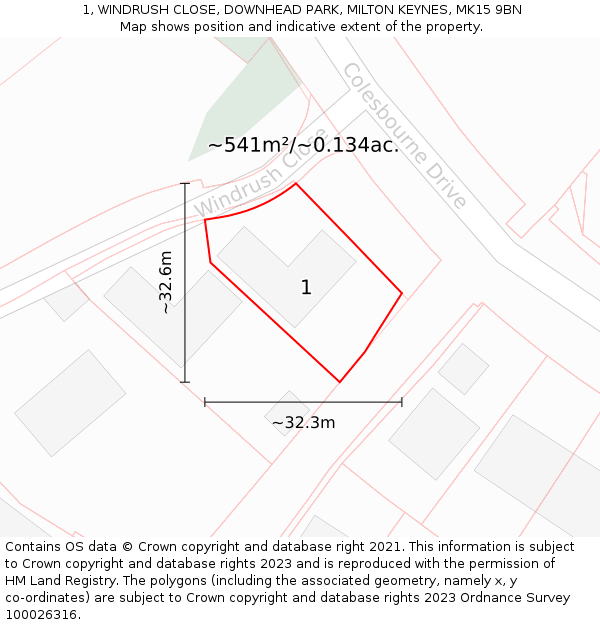 1, WINDRUSH CLOSE, DOWNHEAD PARK, MILTON KEYNES, MK15 9BN: Plot and title map
