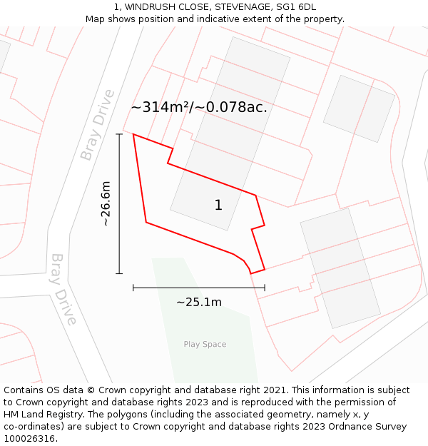1, WINDRUSH CLOSE, STEVENAGE, SG1 6DL: Plot and title map