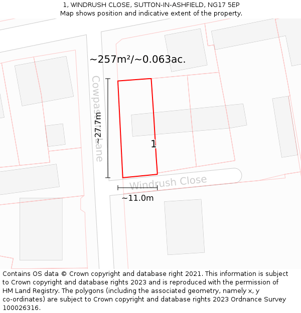 1, WINDRUSH CLOSE, SUTTON-IN-ASHFIELD, NG17 5EP: Plot and title map
