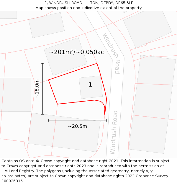 1, WINDRUSH ROAD, HILTON, DERBY, DE65 5LB: Plot and title map