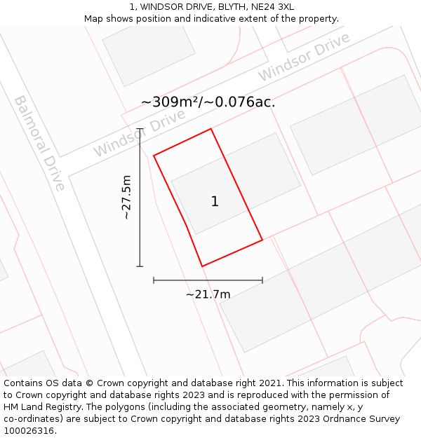 1, WINDSOR DRIVE, BLYTH, NE24 3XL: Plot and title map