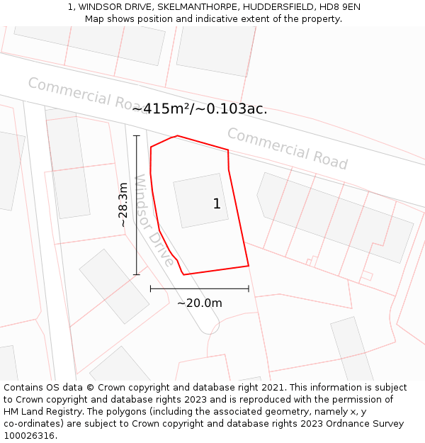 1, WINDSOR DRIVE, SKELMANTHORPE, HUDDERSFIELD, HD8 9EN: Plot and title map