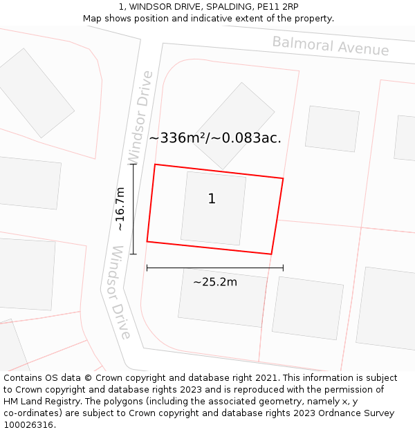 1, WINDSOR DRIVE, SPALDING, PE11 2RP: Plot and title map