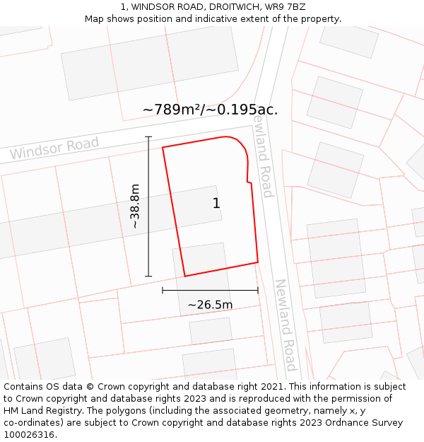 1, WINDSOR ROAD, DROITWICH, WR9 7BZ: Plot and title map