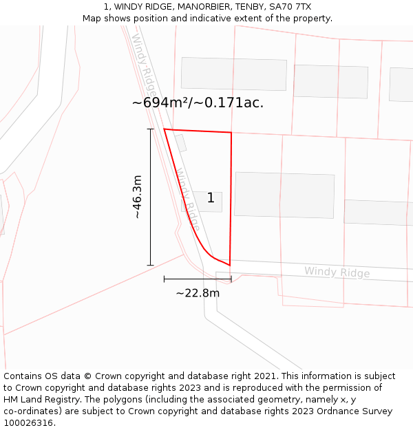 1, WINDY RIDGE, MANORBIER, TENBY, SA70 7TX: Plot and title map
