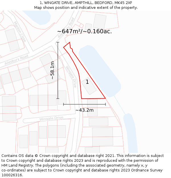 1, WINGATE DRIVE, AMPTHILL, BEDFORD, MK45 2XF: Plot and title map