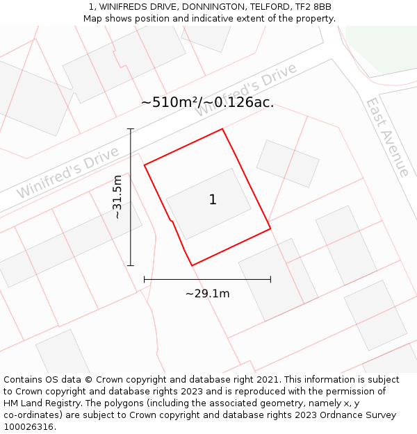 1, WINIFREDS DRIVE, DONNINGTON, TELFORD, TF2 8BB: Plot and title map
