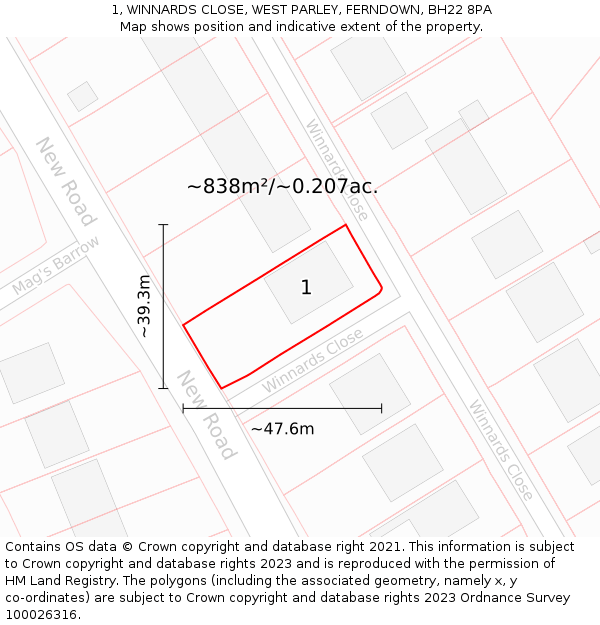 1, WINNARDS CLOSE, WEST PARLEY, FERNDOWN, BH22 8PA: Plot and title map