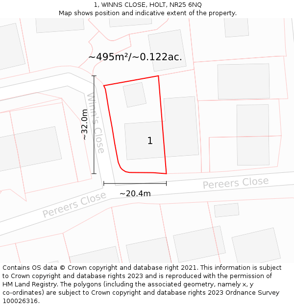 1, WINNS CLOSE, HOLT, NR25 6NQ: Plot and title map