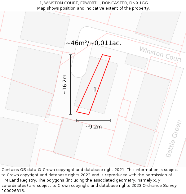 1, WINSTON COURT, EPWORTH, DONCASTER, DN9 1GG: Plot and title map