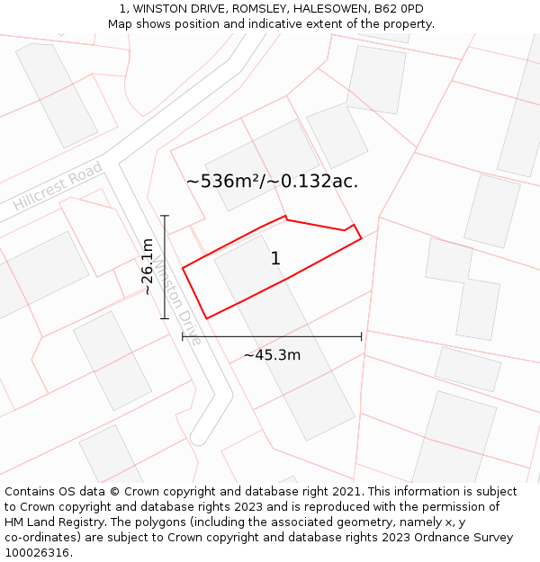 1, WINSTON DRIVE, ROMSLEY, HALESOWEN, B62 0PD: Plot and title map