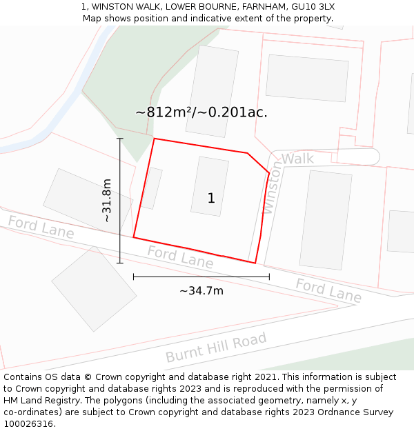 1, WINSTON WALK, LOWER BOURNE, FARNHAM, GU10 3LX: Plot and title map