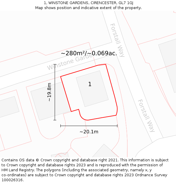 1, WINSTONE GARDENS, CIRENCESTER, GL7 1GJ: Plot and title map