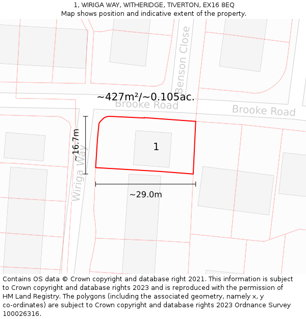 1, WIRIGA WAY, WITHERIDGE, TIVERTON, EX16 8EQ: Plot and title map