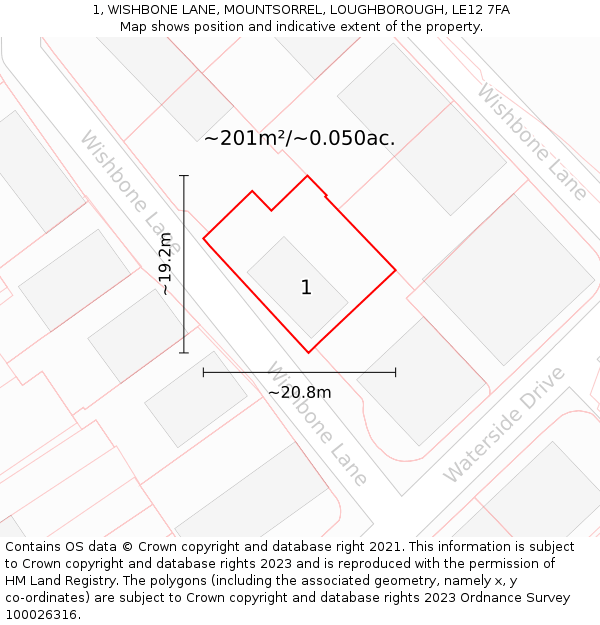 1, WISHBONE LANE, MOUNTSORREL, LOUGHBOROUGH, LE12 7FA: Plot and title map