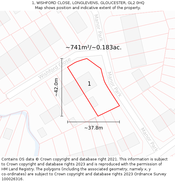 1, WISHFORD CLOSE, LONGLEVENS, GLOUCESTER, GL2 0HQ: Plot and title map