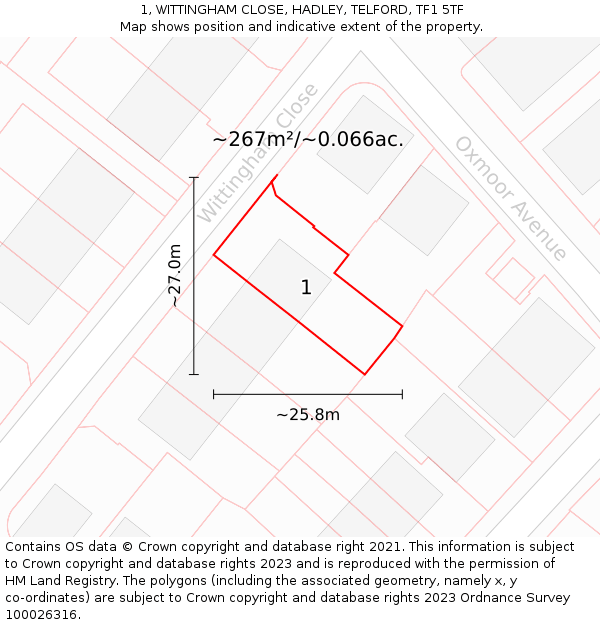 1, WITTINGHAM CLOSE, HADLEY, TELFORD, TF1 5TF: Plot and title map