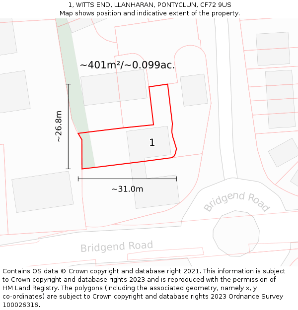 1, WITTS END, LLANHARAN, PONTYCLUN, CF72 9US: Plot and title map