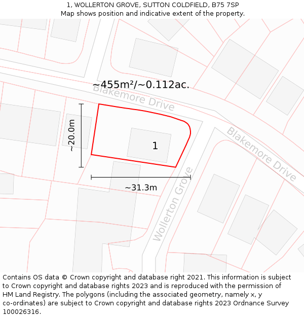 1, WOLLERTON GROVE, SUTTON COLDFIELD, B75 7SP: Plot and title map