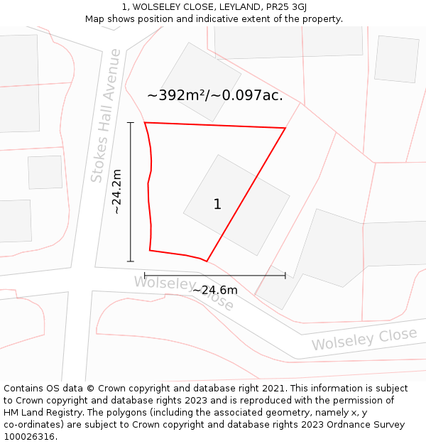 1, WOLSELEY CLOSE, LEYLAND, PR25 3GJ: Plot and title map