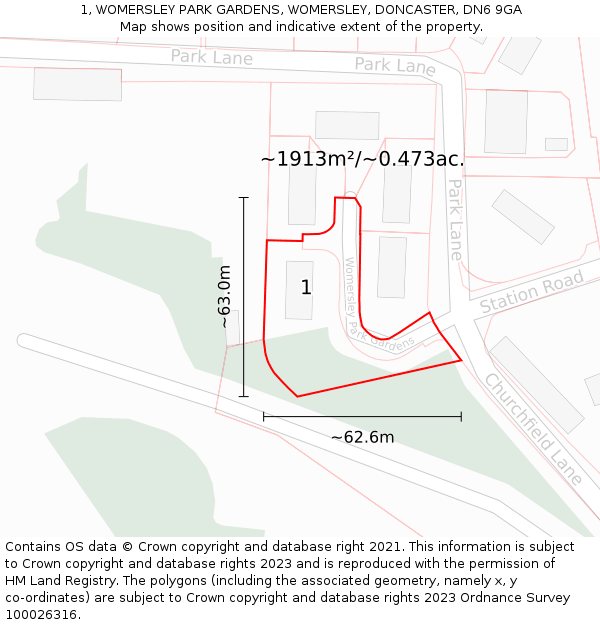 1, WOMERSLEY PARK GARDENS, WOMERSLEY, DONCASTER, DN6 9GA: Plot and title map