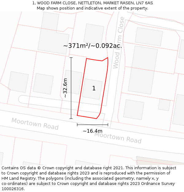 1, WOOD FARM CLOSE, NETTLETON, MARKET RASEN, LN7 6AS: Plot and title map