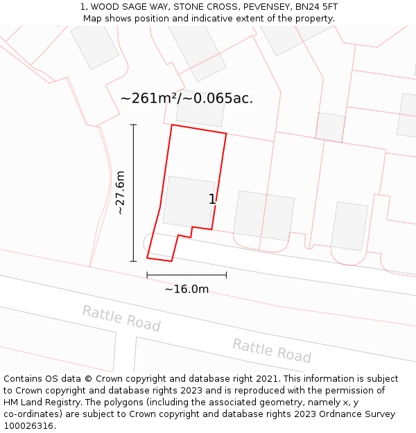 1, WOOD SAGE WAY, STONE CROSS, PEVENSEY, BN24 5FT: Plot and title map