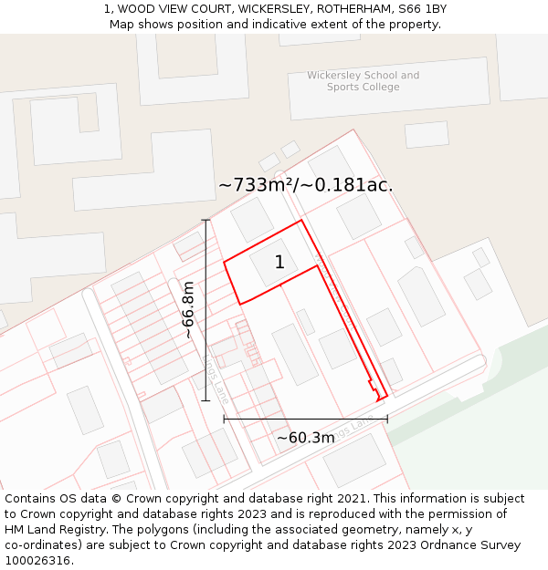 1, WOOD VIEW COURT, WICKERSLEY, ROTHERHAM, S66 1BY: Plot and title map