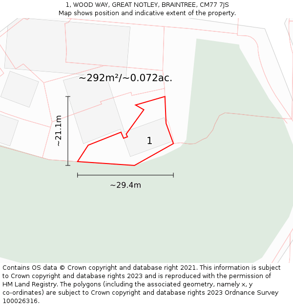1, WOOD WAY, GREAT NOTLEY, BRAINTREE, CM77 7JS: Plot and title map