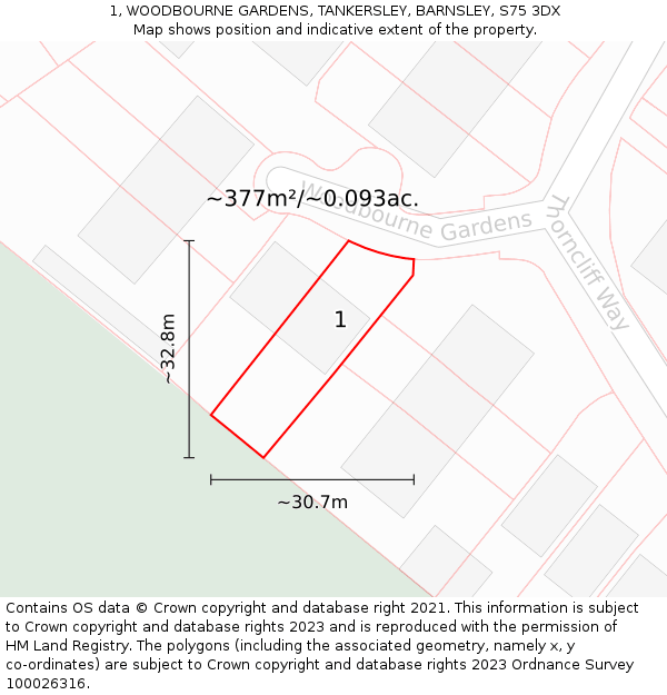 1, WOODBOURNE GARDENS, TANKERSLEY, BARNSLEY, S75 3DX: Plot and title map