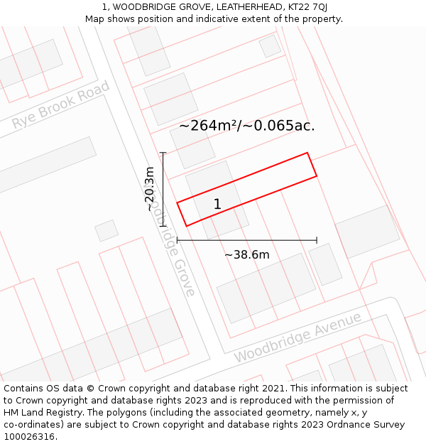 1, WOODBRIDGE GROVE, LEATHERHEAD, KT22 7QJ: Plot and title map