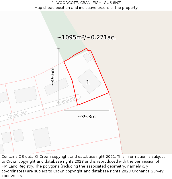 1, WOODCOTE, CRANLEIGH, GU6 8NZ: Plot and title map
