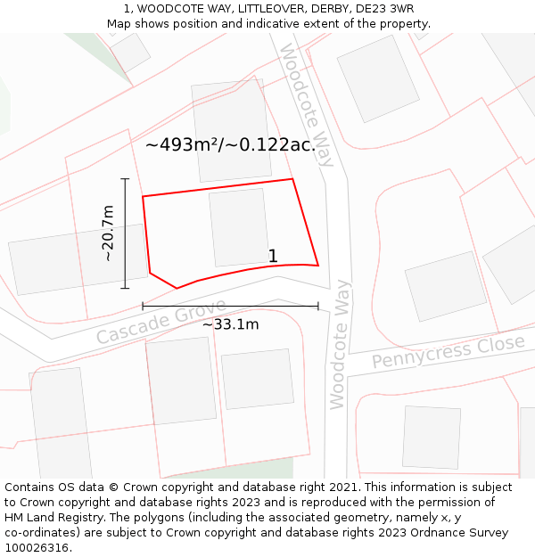 1, WOODCOTE WAY, LITTLEOVER, DERBY, DE23 3WR: Plot and title map