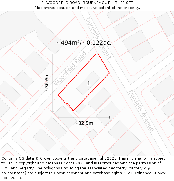 1, WOODFIELD ROAD, BOURNEMOUTH, BH11 9ET: Plot and title map